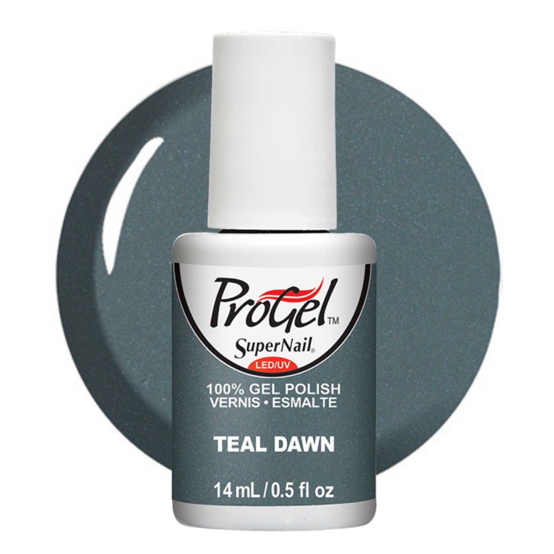 A bottle of ProGel SuperNail LED gel polish in the shade Teal Dawn, shown against a matching teal-gray circular background swatch on a white studio background.