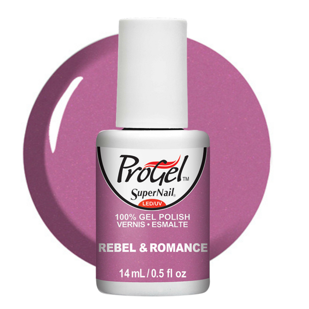 A bottle of ProGel SuperNail LED gel polish in the shade Rebel & Romance, featuring a white cap and a purple label, set against a matching purple circular swatch on a white background.