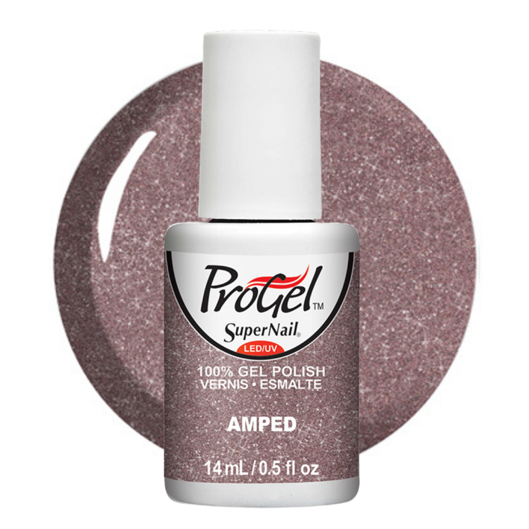 A bottle of ProGel SuperNail LED UV gel polish in the shade AMPED, shown in front of a circular glitter swatch of the same dusty rose-purple color on a white background.