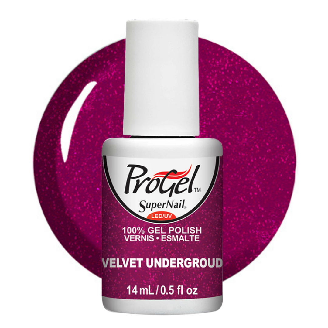 A bottle of Progel SuperNail LED gel polish in the shade 'Velvet Underground', featuring a white cap and a label with a glittery magenta-pink background, set against a matching glittery circular swatch on a white background.