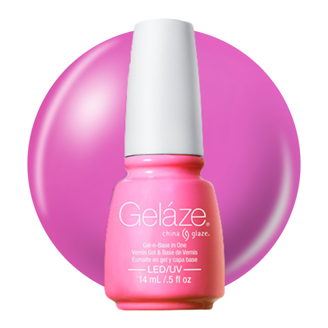 A bottle of Geláze China glaze gel nail polish in a vibrant pink shade, shown against a matching pink circular background on a white studio backdrop.