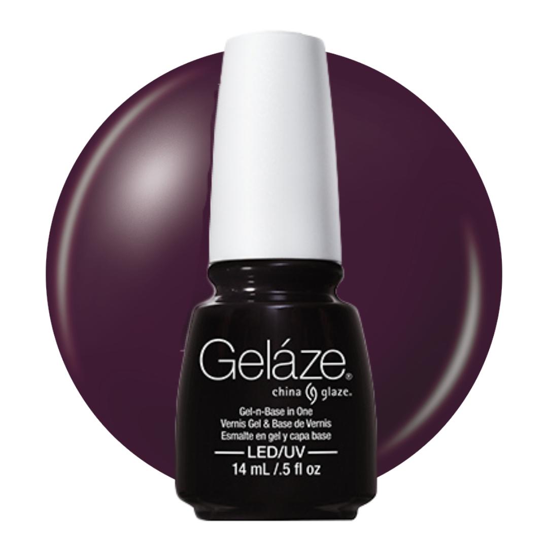 A bottle of Geláze China Glaze LED gel nail polish in a deep plum purple shade, shown in front of a matching circular color swatch on a white background.