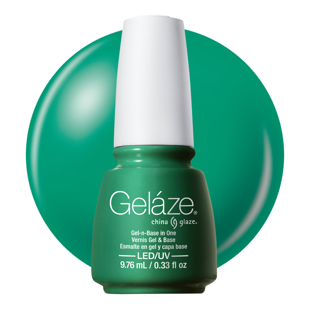 A bottle of Geláze China Glaze gel nail polish in bright green shade, featuring a vibrant emerald-green bottle and cap with a white collar, set against a matching green circular background on a white studio backdrop.