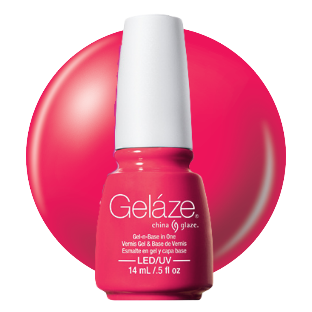 A bottle of Geláze China Glaze gel nail polish in a vibrant pink shade, shown against a matching pink circular background on a white studio backdrop.