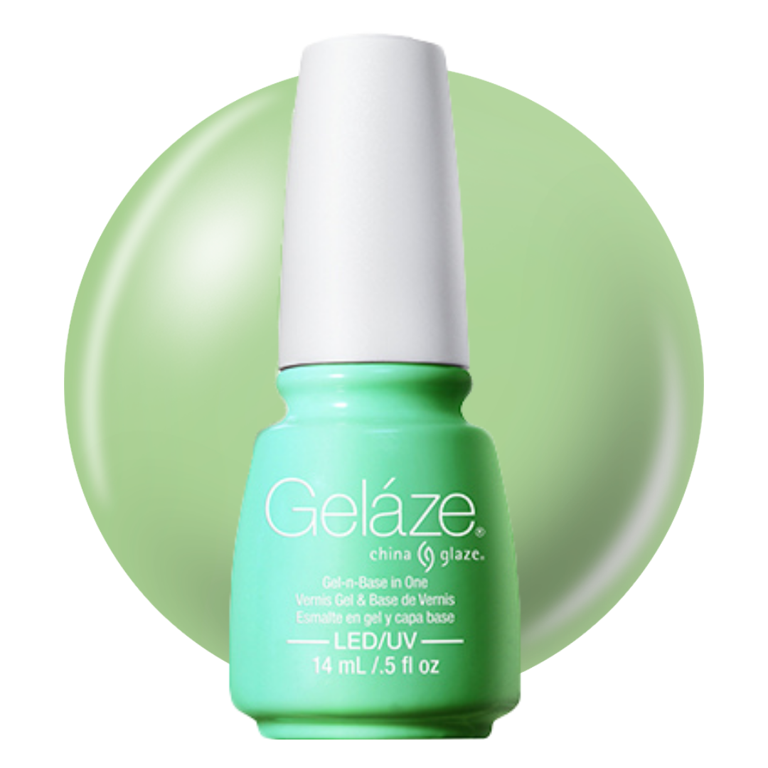 A bottle of Geláze China Glaze gel nail polish in a light mint green shade, shown against a matching light green circular background on a white studio backdrop.