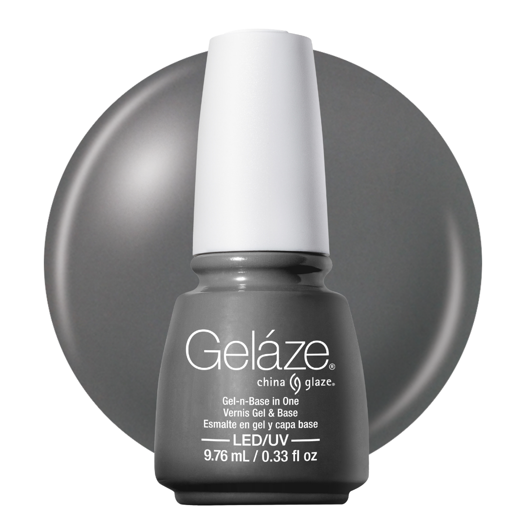 A bottle of Geláze China Glaze gel nail polish in a dark grey shade, shown in front of a circular swatch of the dark gray polish color on a white background.