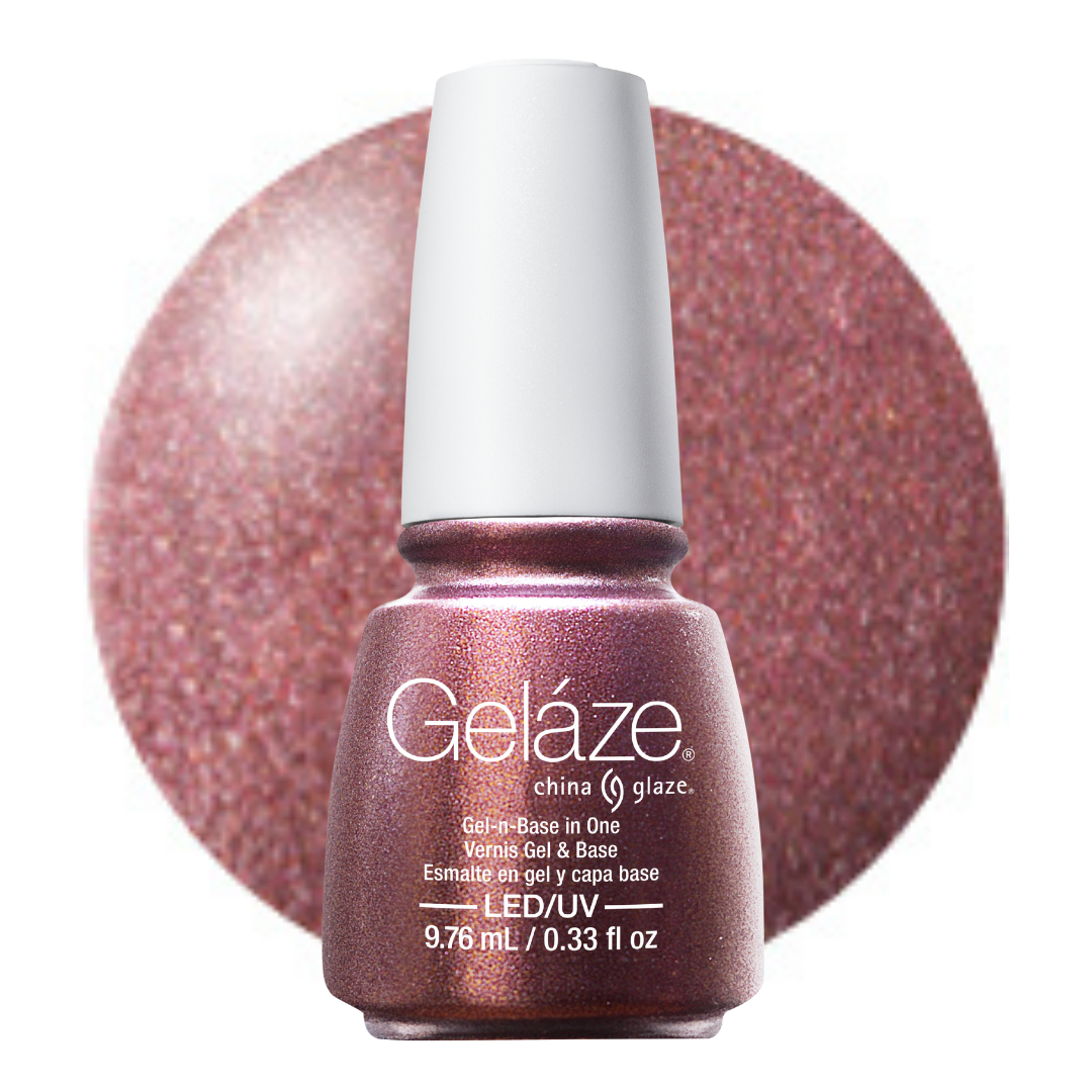 A bottle of Geláze China Glaze LED/UV gel nail base in a shimmery rose gold shade, shown in front of a matching circular color swatch on a white background.