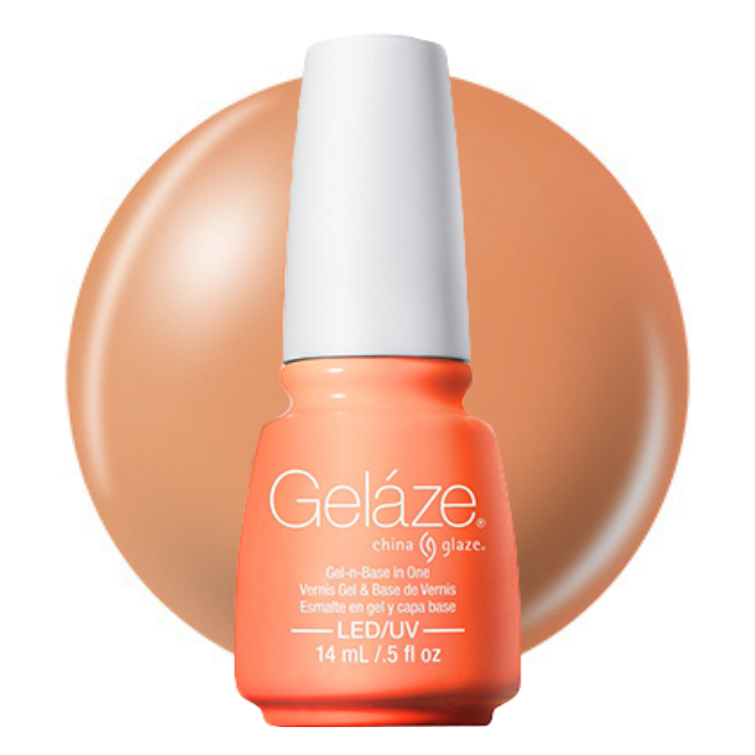 A bottle of Geláze China Glaze gel nail polish in a warm peach-orange shade, shown in front of a matching circular color swatch on a white background.