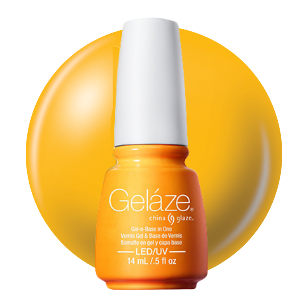 A bottle of Geláze gel nail polish in a bright orange shade, featuring a white cap, set against a large yellow-orange circular background on a white studio backdrop.