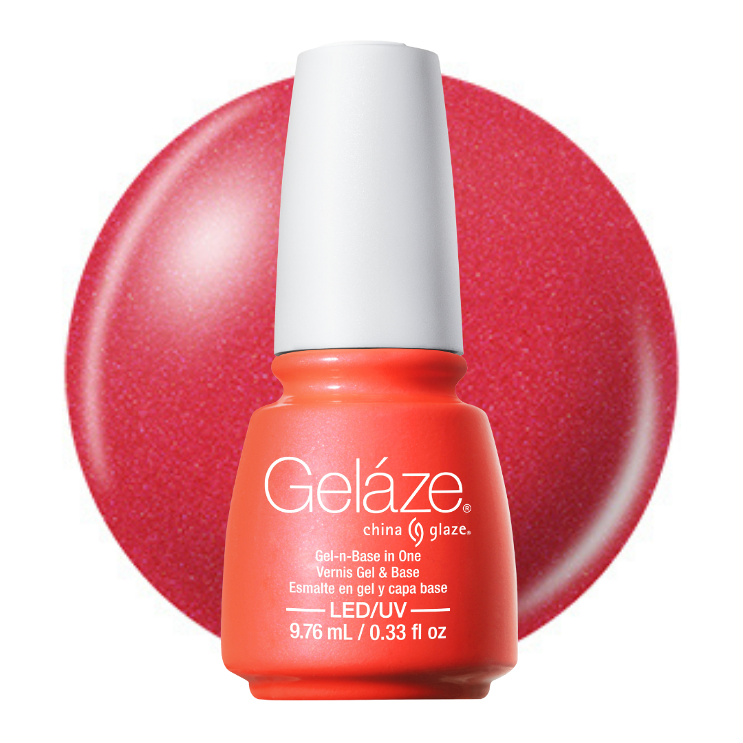 A bottle of Geláze gel nail polish in a bright coral-red shade, shown in front of a matching glittery circular color swatch on a white background.