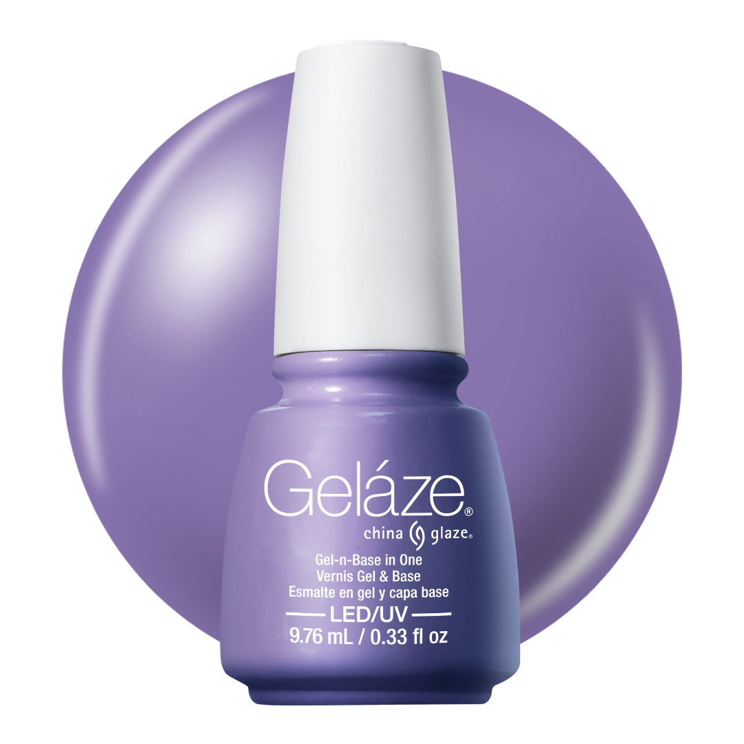 A bottle of Geláze China Glaze gel nail base in a light purple shade, shown against a matching purple circular background on a white studio backdrop.
