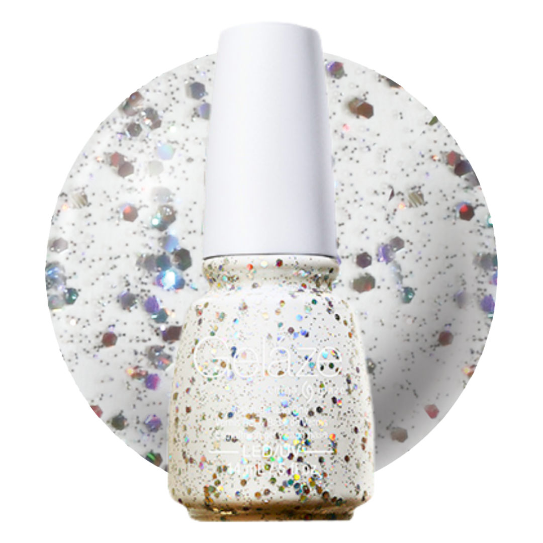 A bottle of white glitter gel nail polish with iridescent flecks, shown in front of a circular swatch of the same glitter polish on a white background.