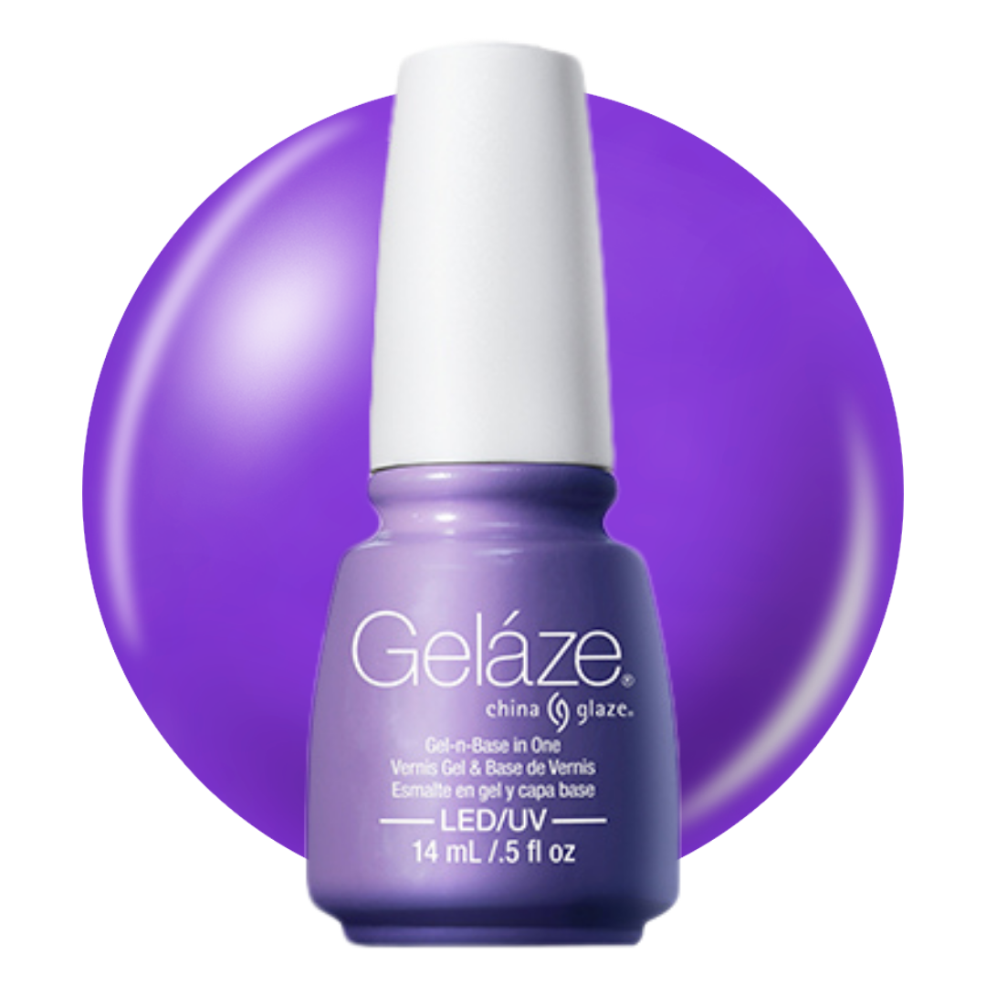 A bottle of Geláze China Glaze LED gel nail polish in a vibrant purple shade, shown against a matching purple circular background on a white studio backdrop.
