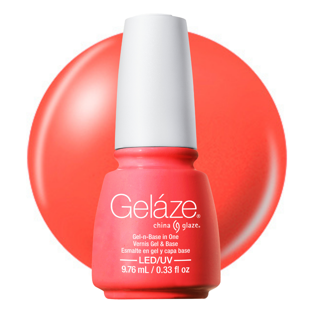 A bottle of Geláze China Glaze nail polish in a vibrant coral-red shade, shown against a matching circular color swatch on a white background.