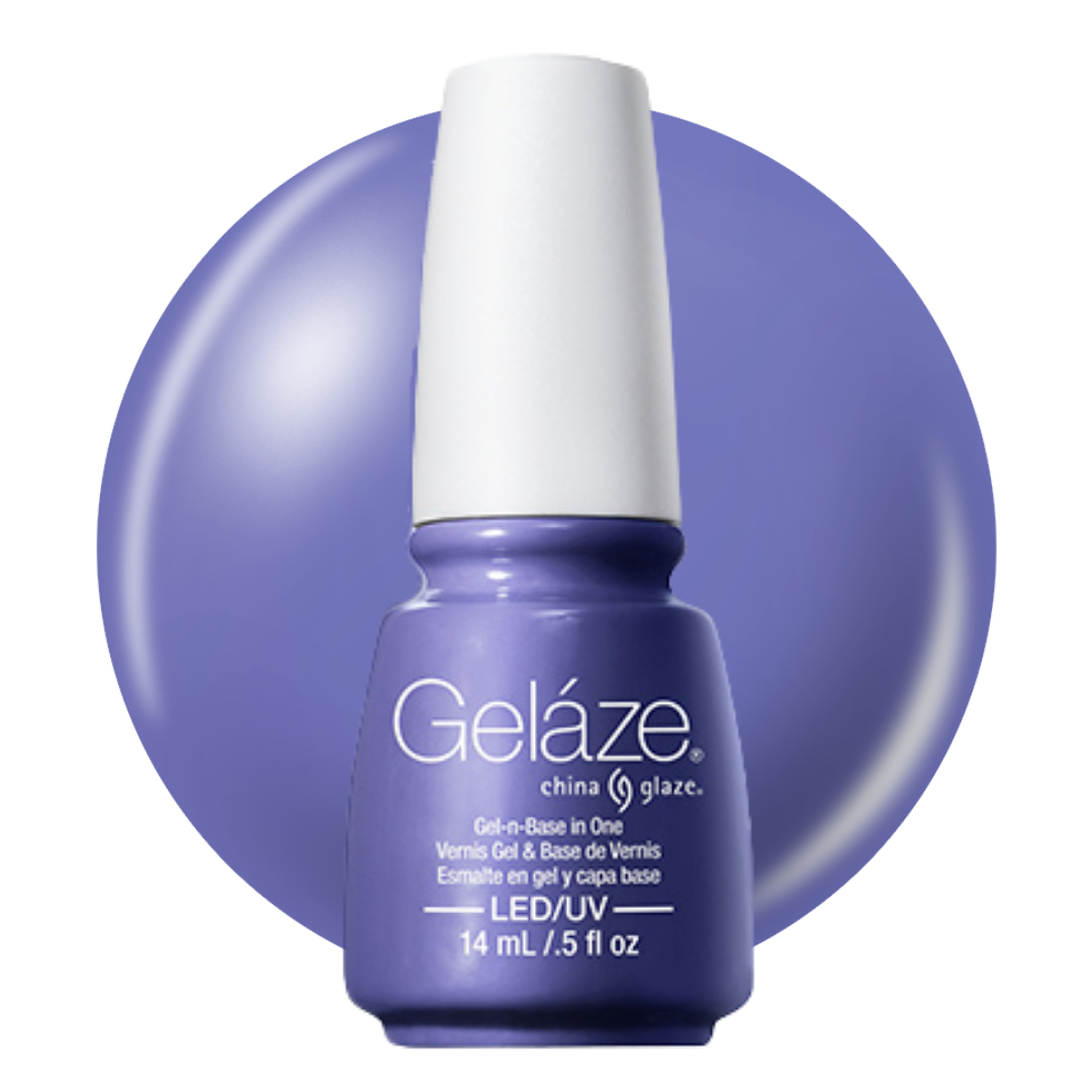 A bottle of Geláze China Glaze gel nail polish, featuring a purple bottle and white cap, set against a matching lavender purple circular background on a white studio backdrop.
