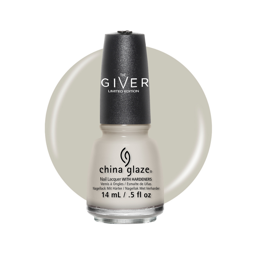A bottle of China Glaze nail lacquer in the shade 'The Giver' Limited Edition, featuring a light warm gray-beige polish with a black cap, set against a matching circular color swatch on a white background.