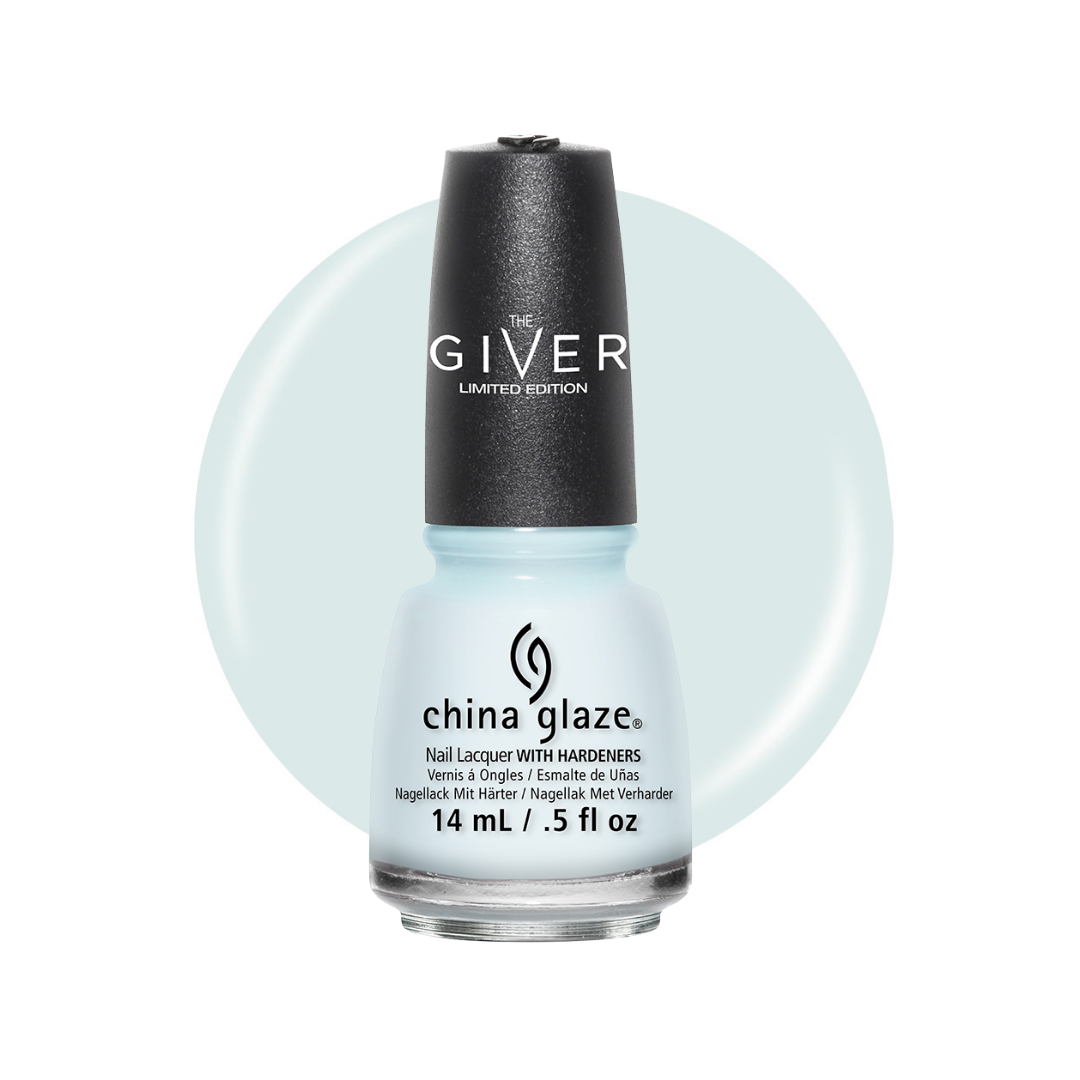 A bottle of China Glaze Limited Edition nail polish in a pale icy blue shade, featuring a black cap with white lettering, set against a white background with a matching pale blue circular graphic.