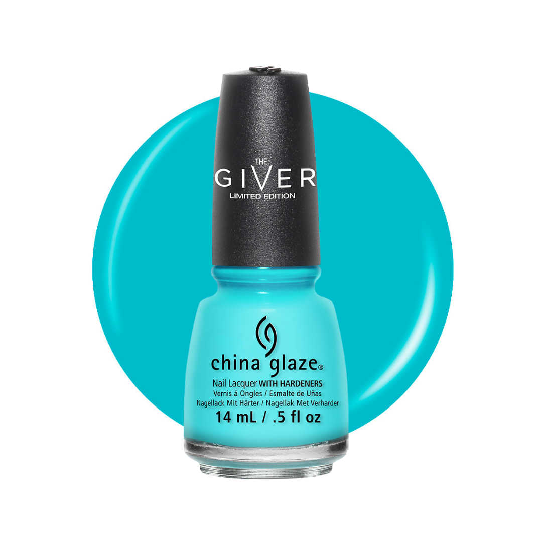 A bottle of China Glaze nail polish with hardeners in the shade 'The Giver' Limited Edition, featuring a bright turquoise blue color with a black cap, set against a matching turquoise circular background on a white studio backdrop.