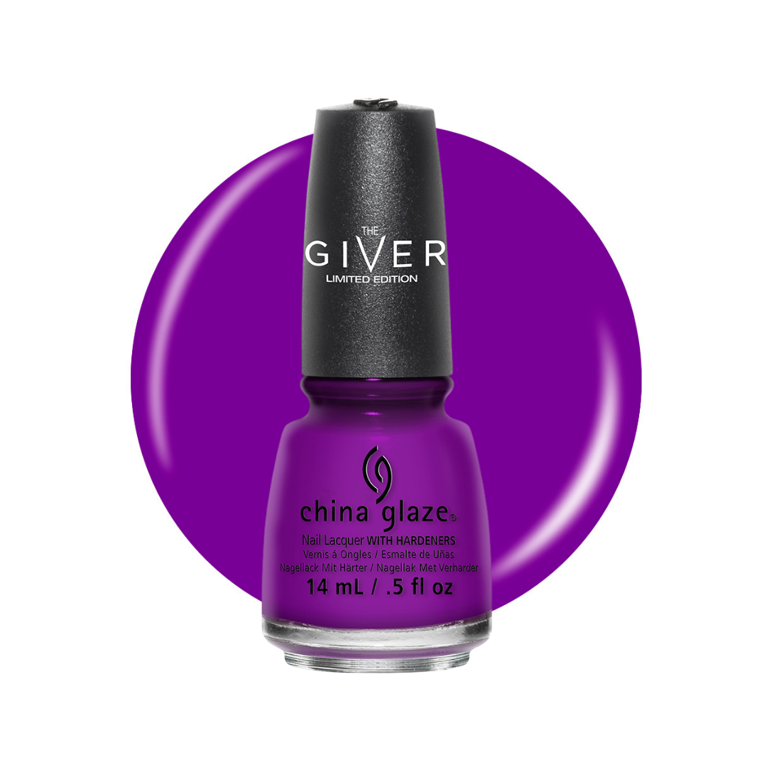 A bottle of China Glaze Giver Limited Edition nail polish in a vibrant purple shade, set against a matching purple circular background on a white studio backdrop.
