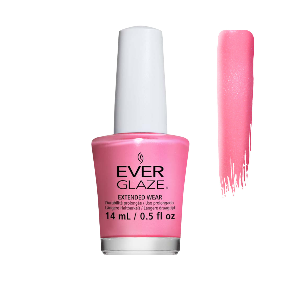 Ever Glaze pink nail polish bottle with a white cap, shown next to a vertical swatch of the pink polish on a white background.