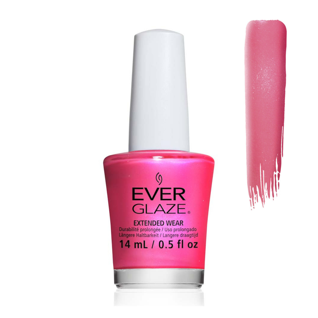 Ever Glaze nail polish in a bright pink shade, shown in a 14 mL bottle with a white cap next to a vertical swatch of the polish color on a white background.