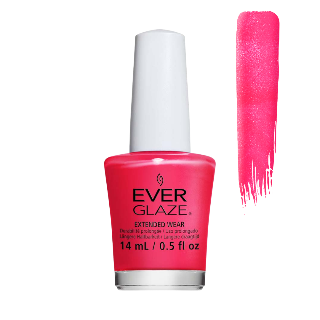 Ever Glaze nail polish bottle in a bright pink shade with a white cap, shown next to a vertical swatch of the polish color on a white background.