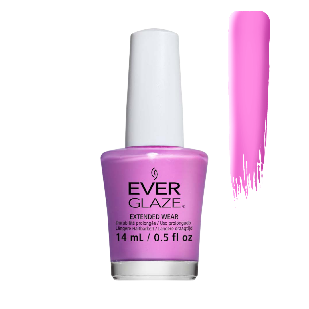 Ever Glaze Extended Wear nail polish in a bright pink shade, shown in a 14 mL bottle with a white cap next to a vertical swatch of the pink polish on a white background.