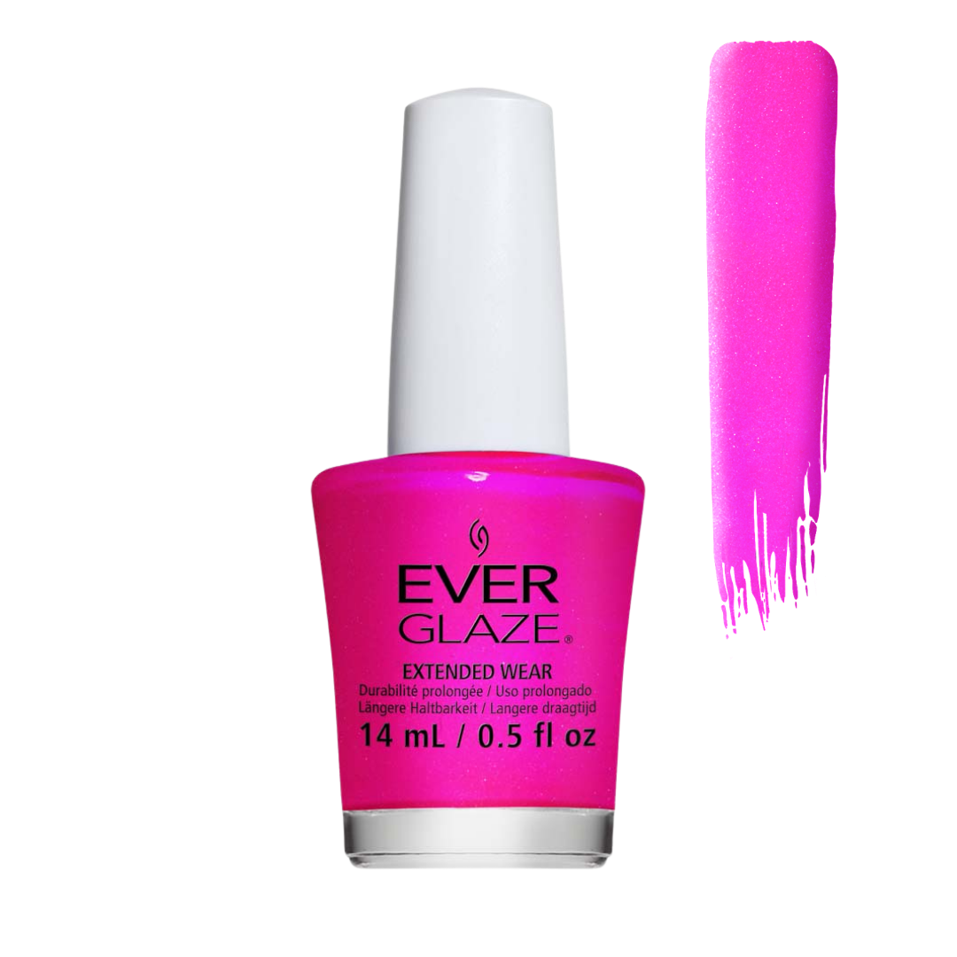 Ever Glaze Extended Wear nail polish in a bright hot pink shade, shown in a 14 mL bottle with a white cap next to a vertical swatch of the polish color on a white background.