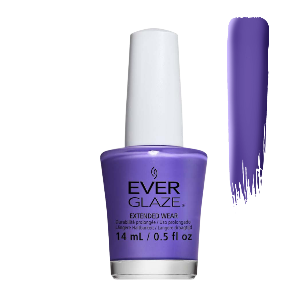 A bottle of Ever Glaze Extended Wear nail polish in a vibrant purple shade, shown next to a vertical swatch of the same purple color on a white background.