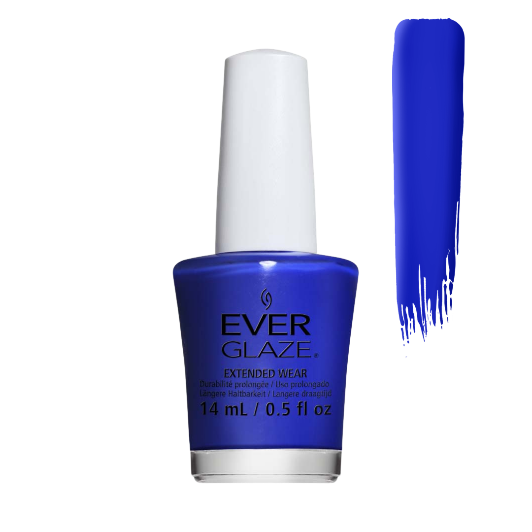 Ever Glaze Extended Wear nail polish in a vibrant royal blue shade, shown in a 14 mL bottle with a white cap next to a vertical brush stroke swatch of the polish color on a white background.