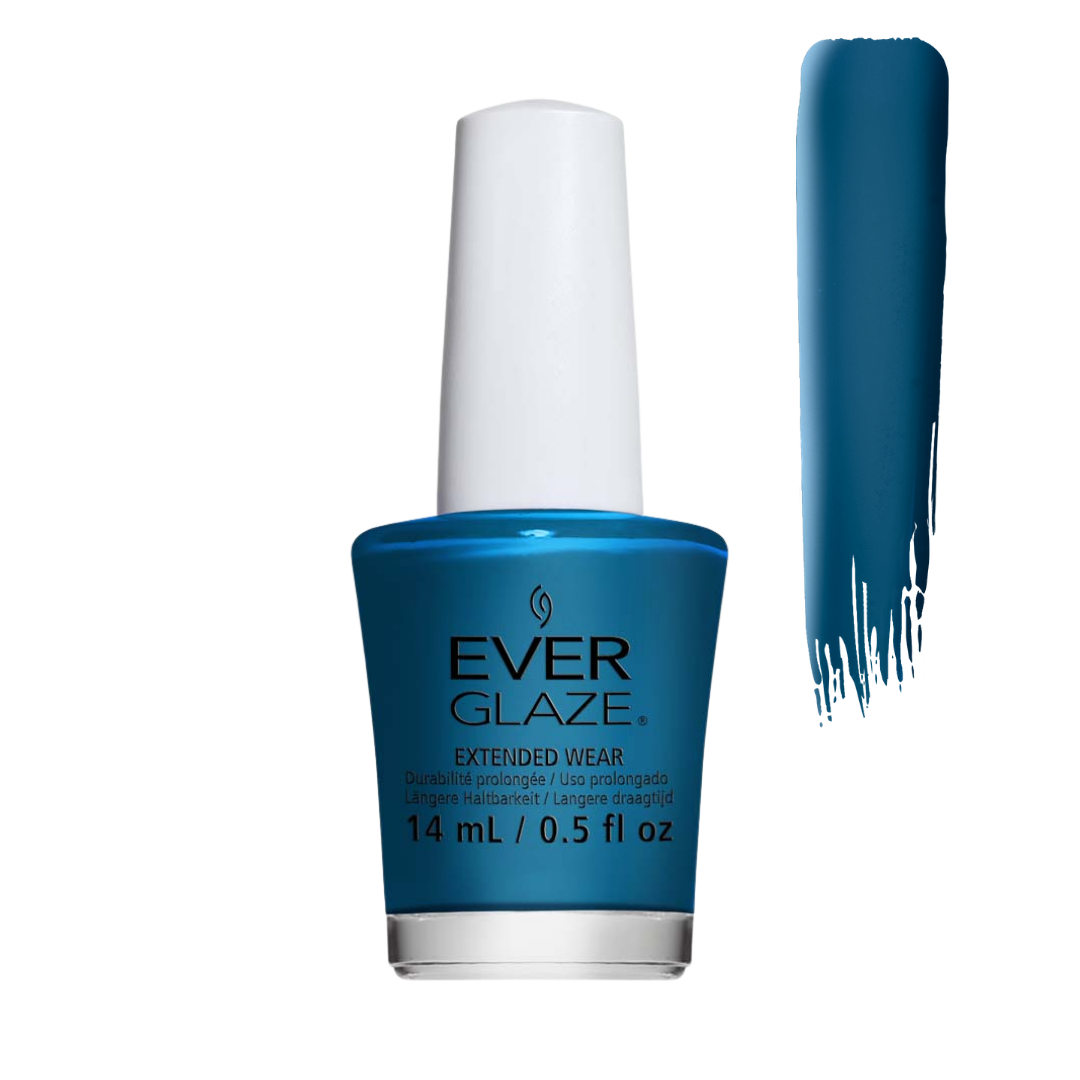Ever Glaze Extended Wear nail polish in a vibrant teal blue shade, shown in its bottle with a white cap next to a vertical swatch of the polish color on a white background.