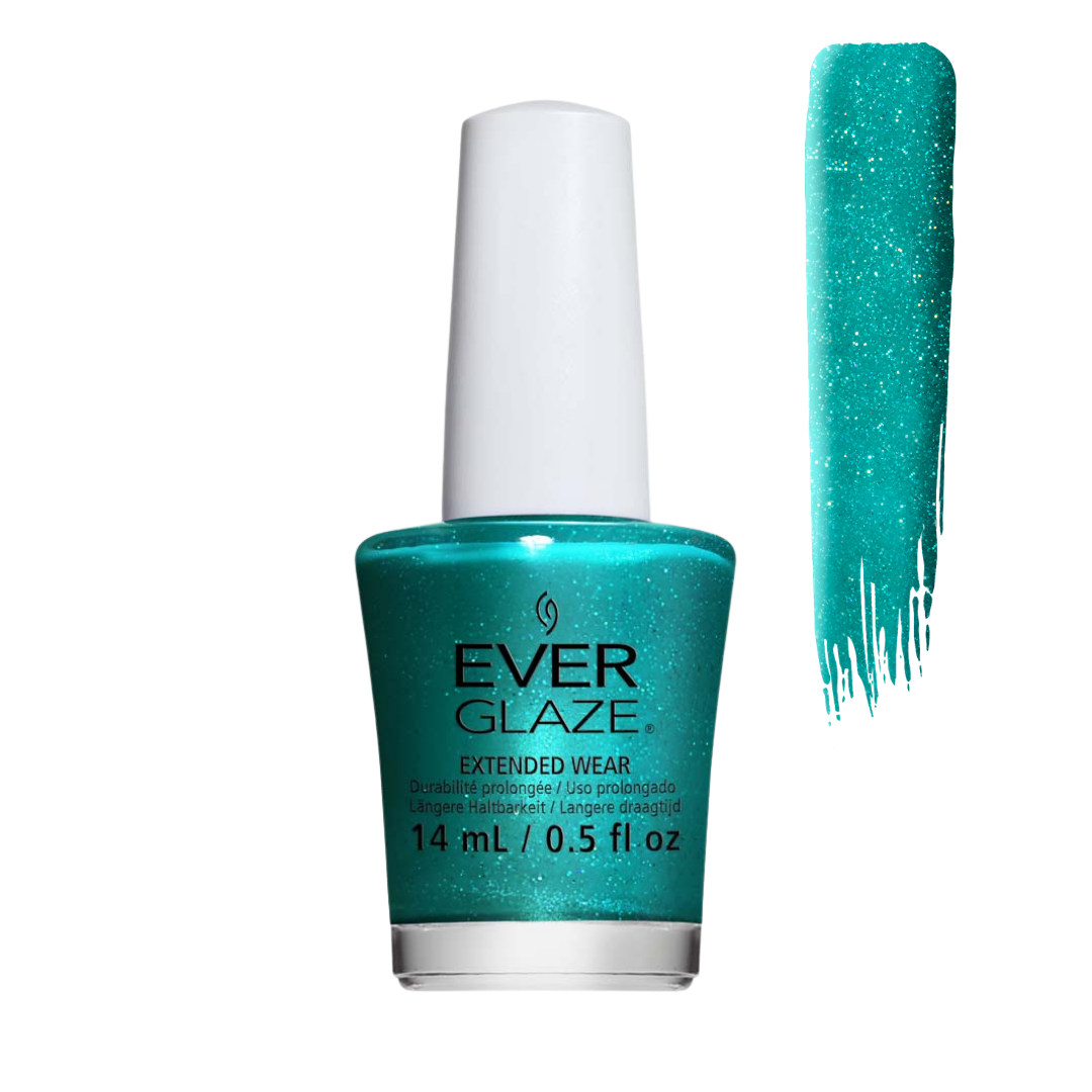 Ever Glaze nail polish in a vibrant teal glitter shade, shown in a 14 mL bottle alongside a vertical swatch of the glittery teal polish on a white background.