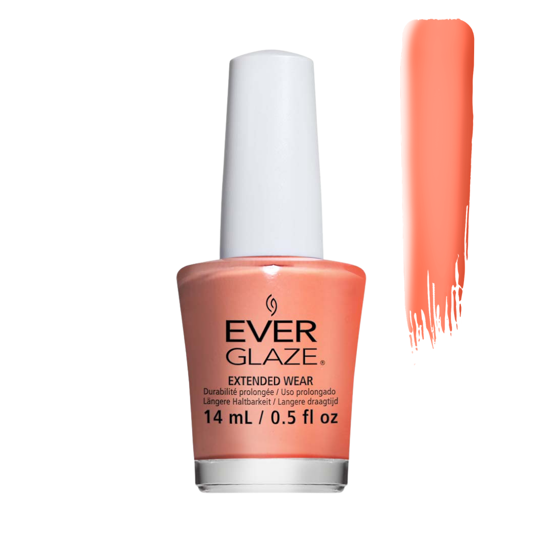 Ever Glaze Extended Wear nail polish in a coral orange shade, shown in a 14 mL bottle with a white cap next to a vertical color swatch on a white background.