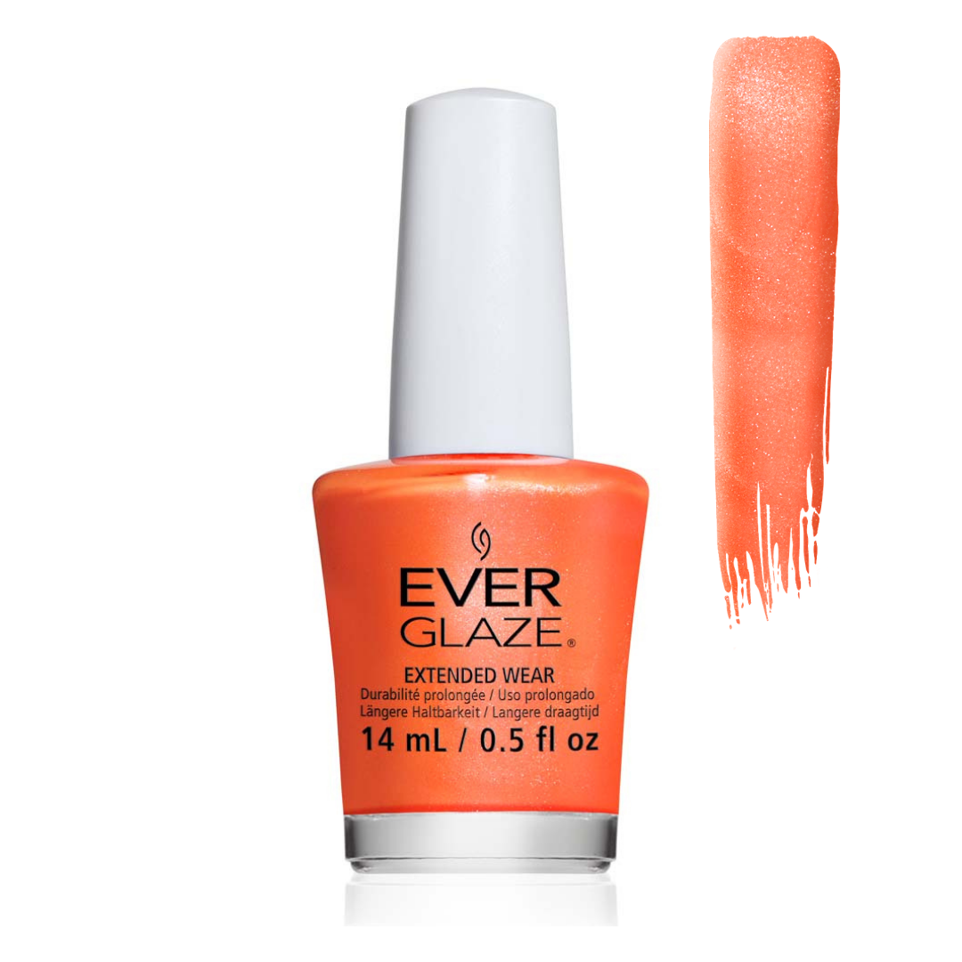 Ever Glaze Extended Wear nail polish in a bright orange shade, shown in a 14 mL bottle with a white cap next to a vertical swatch of the polish color on a white background.