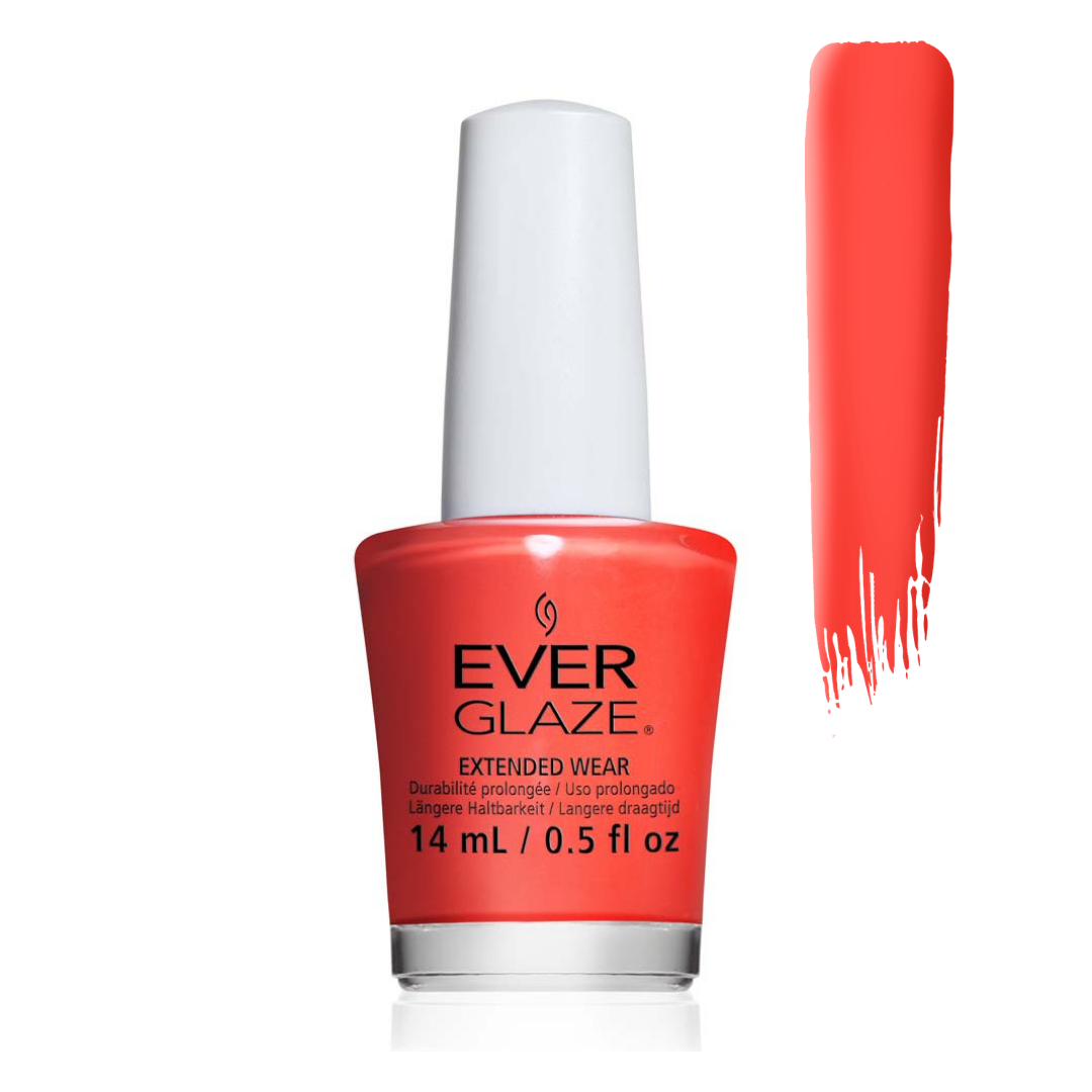 Ever Glaze nail polish in a bright coral-red shade, shown in a 14 mL bottle with a white cap and a vertical brush swatch of the polish color on a white background.
