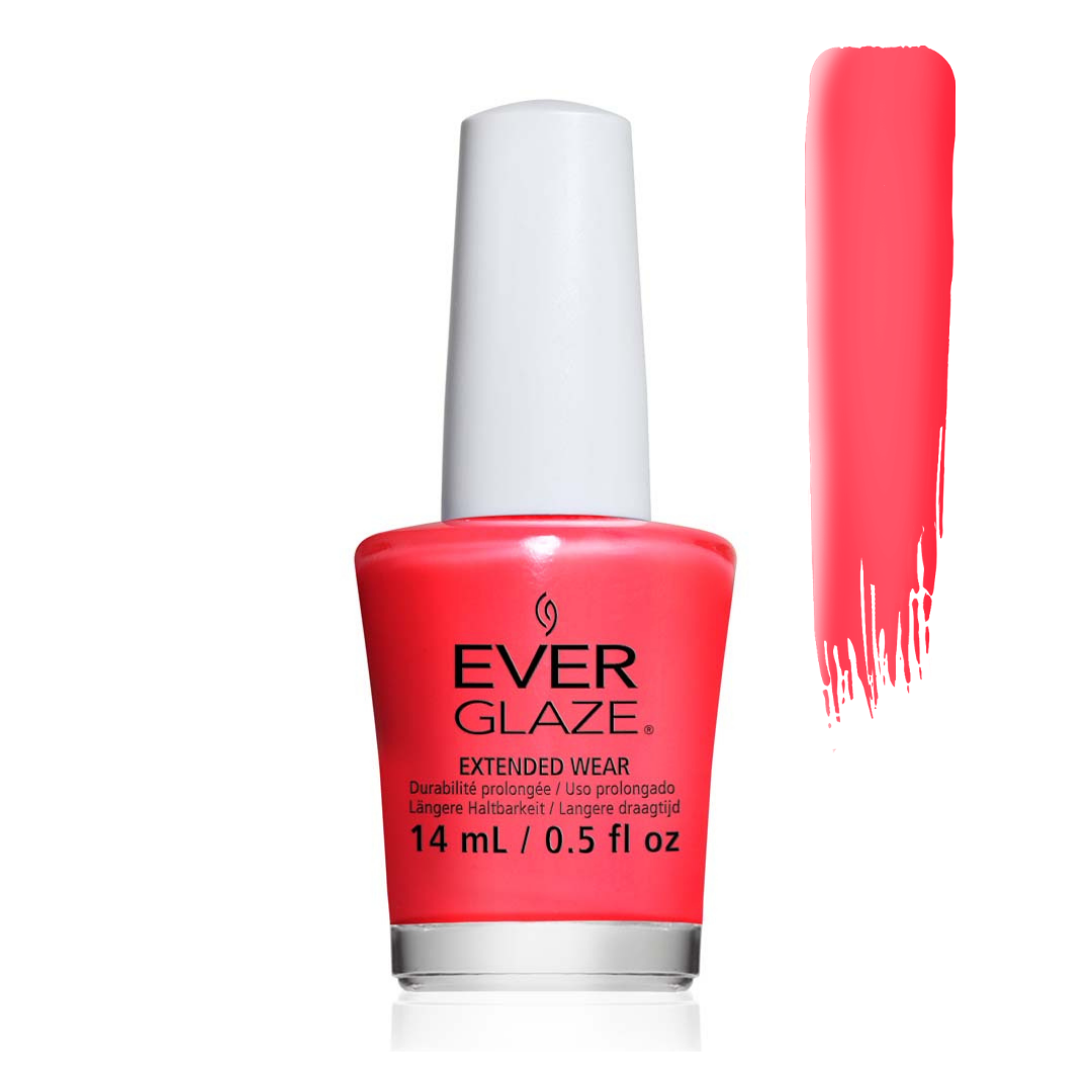 Ever Glaze nail polish in a bright coral-red shade, shown in a clear bottle with a white cap next to a vertical brush stroke swatch of the polish color on a white background.