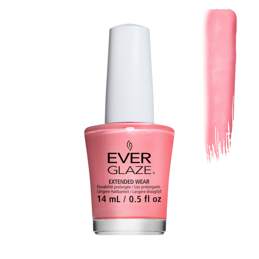 Ever Glaze nail polish in a coral pink shade, shown in a 14 mL bottle with a white cap and a vertical swatch of the polish color on the right against a white background.