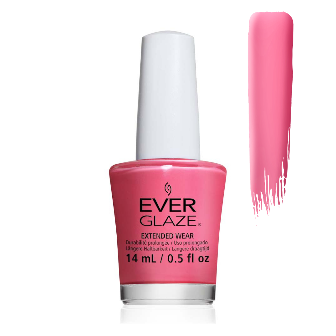 Ever Glaze Extended Wear nail polish in a bright pink shade, shown in a 14 mL bottle with a white cap next to a vertical brush stroke swatch of the polish color on a white background.