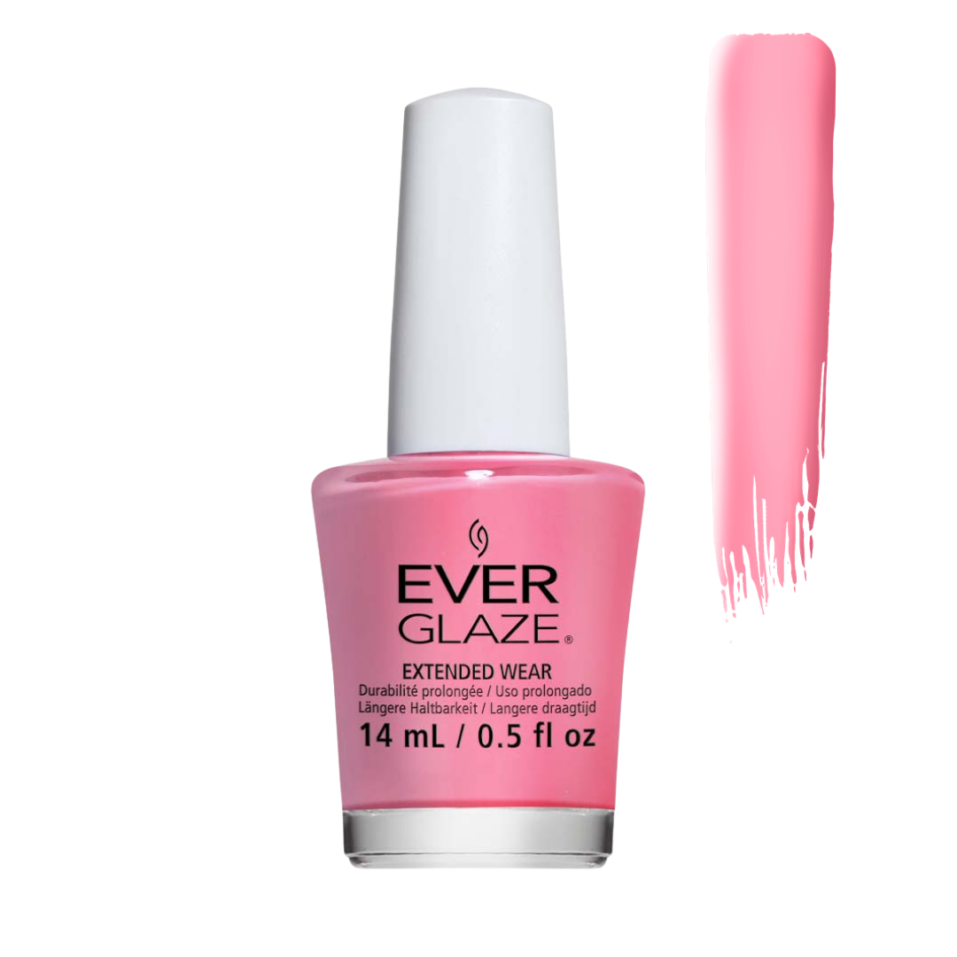 Ever Glaze pink nail polish bottle with a white cap, shown next to a vertical swatch of the pink polish on a white background.