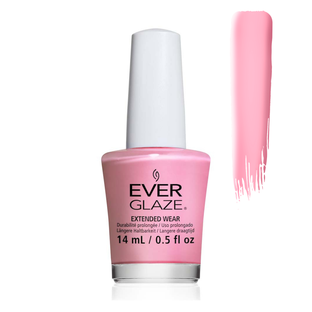 Ever Glaze pink extended wear nail polish bottle with a white cap, shown next to a vertical swatch of the pink polish on a white background.