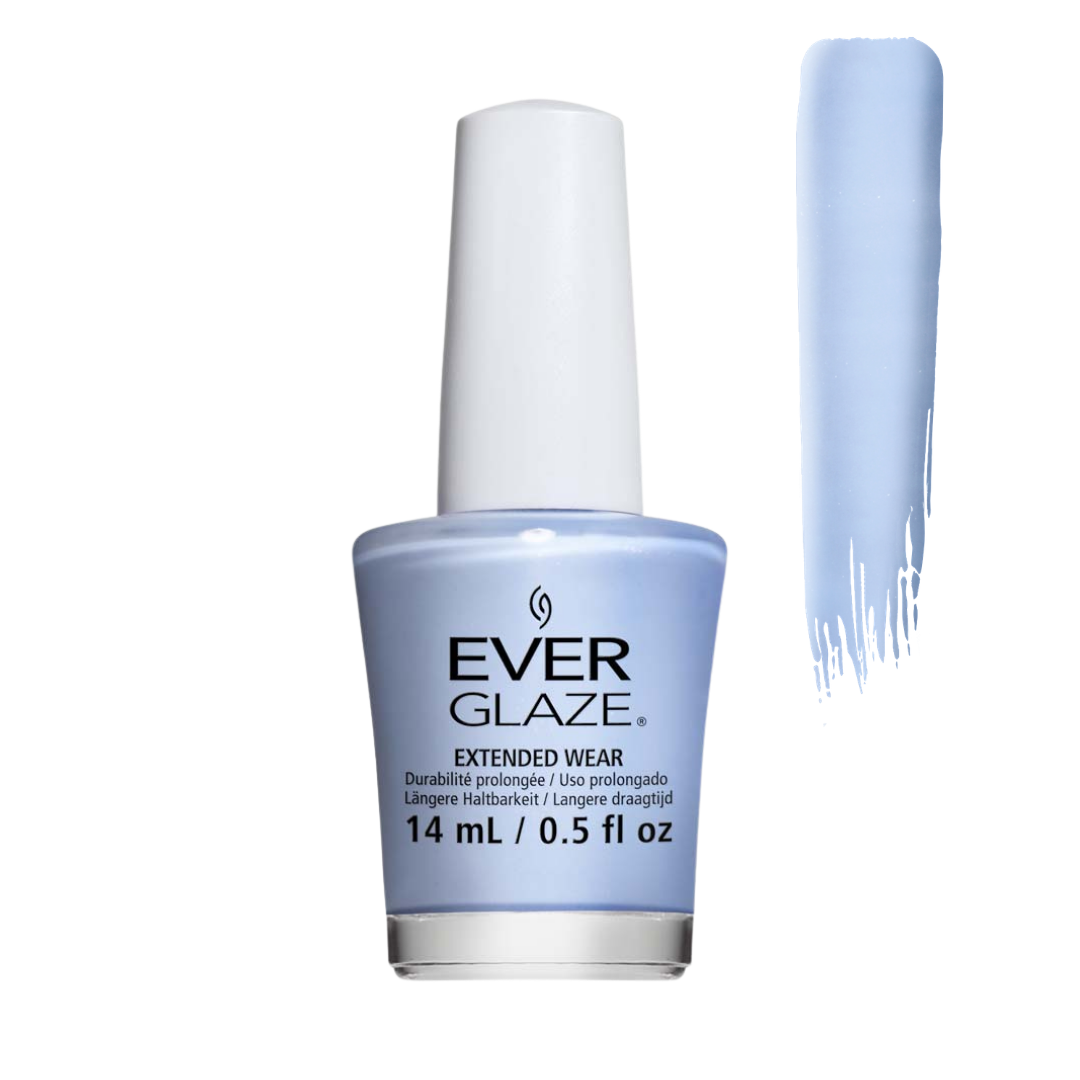 Ever Glaze Extended Wear nail polish in a light icy blue shade, shown in a 14 mL bottle with a white cap and a vertical brush stroke swatch of the same color on a white background.