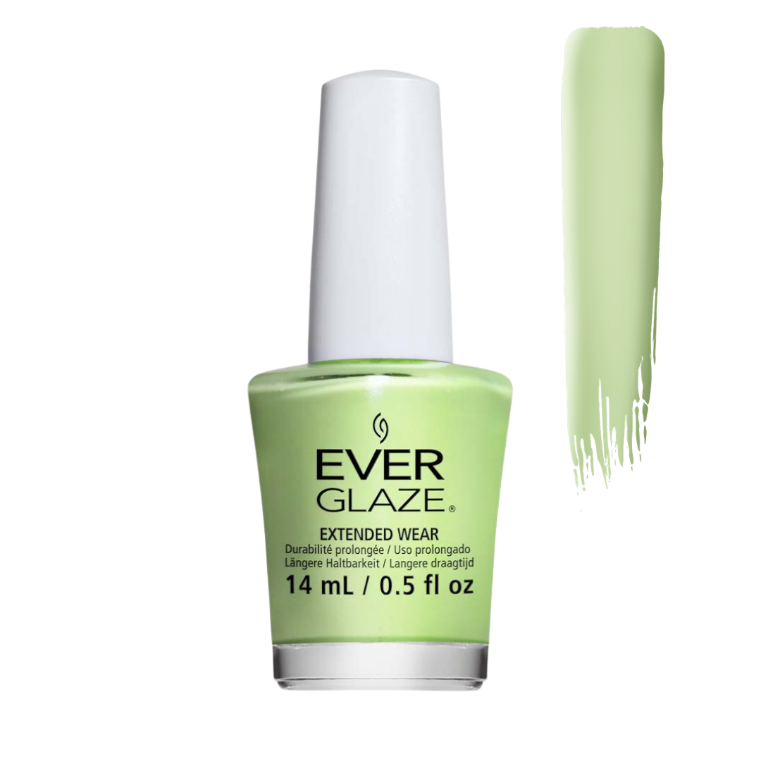 Ever Glaze Extended Wear nail polish in a light mint green shade, shown in a 14 mL bottle with a white cap next to a vertical swatch of the polish color on a white background.