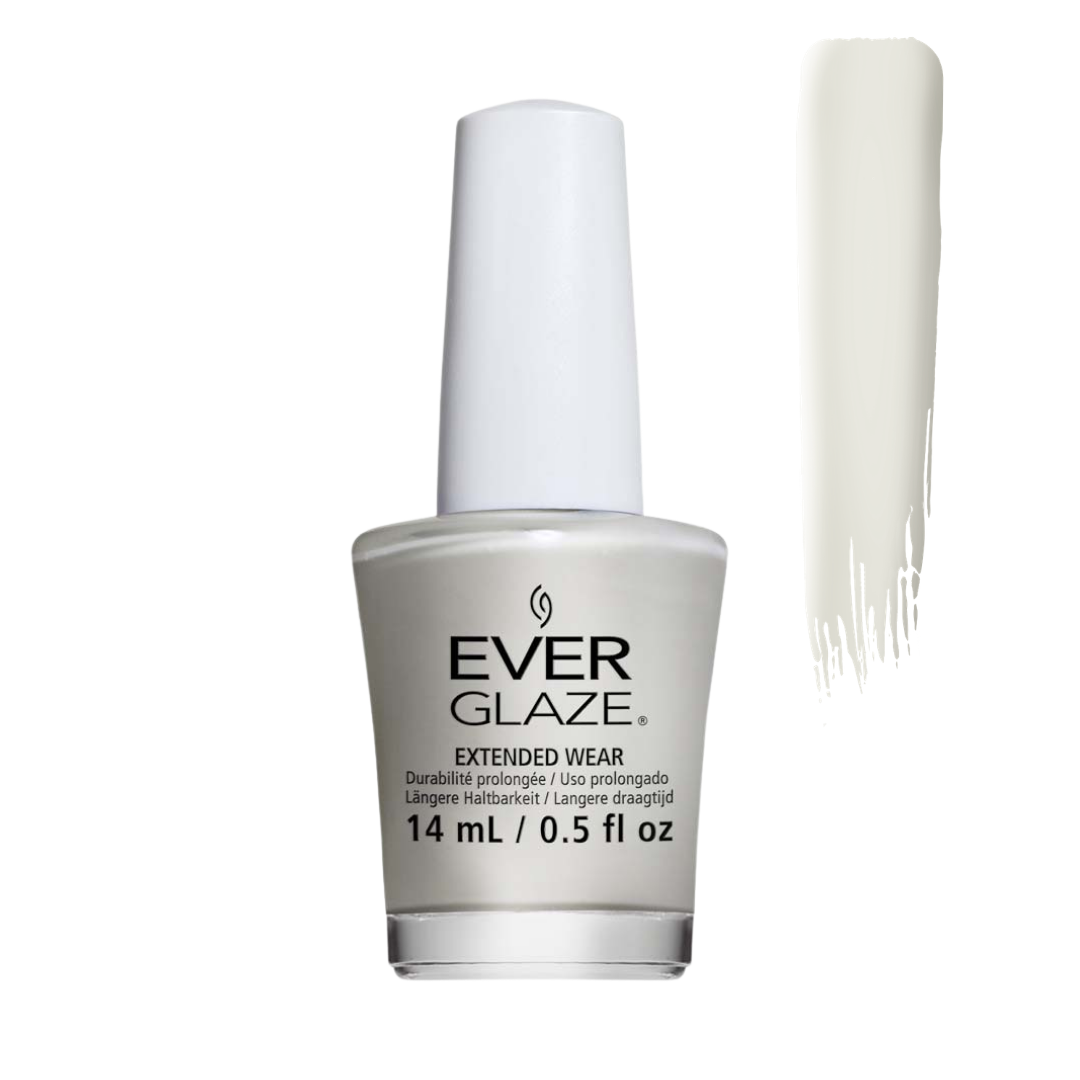Ever Glaze Extended Wear nail polish in a frosted white bottle with a white cap, shown next to a vertical swatch of the creamy off-white polish on a white background.