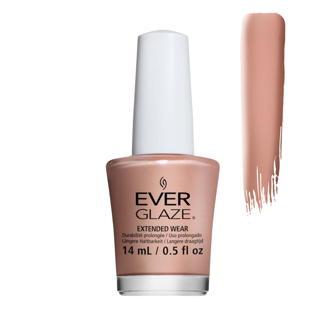 Ever Glaze Extended Wear nail polish in a dusty peach-beige shade, shown in a 14 mL bottle with a white cap next to a vertical swatch of the polish color on a white background.