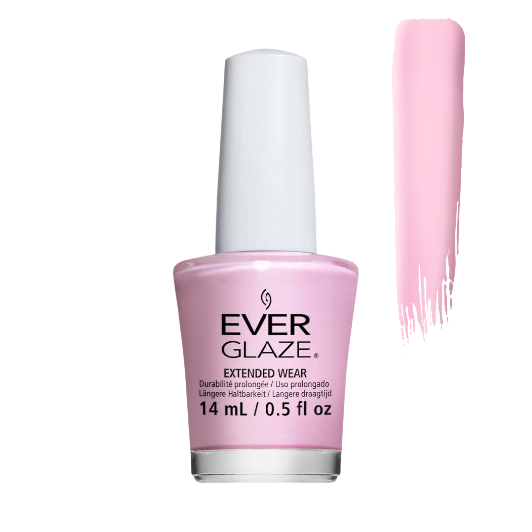 Ever Glaze Extended Wear nail polish in a light pink shade, shown in a 14 mL bottle with a white cap next to a vertical swatch of the pink polish on a white background.
