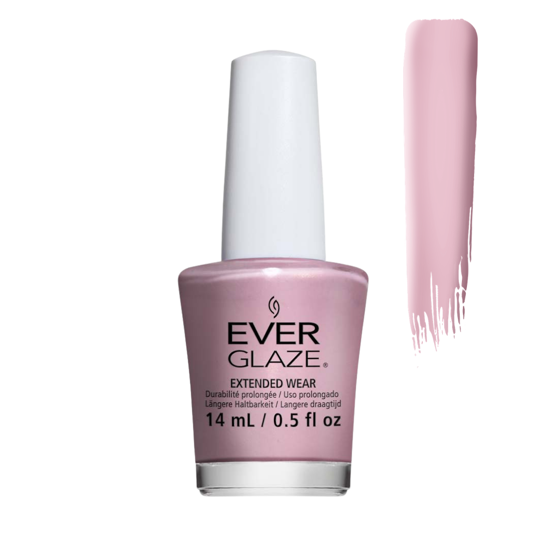 Ever Glaze nail polish bottle in a dusty pink shade with a white cap, shown next to a vertical swatch of the pink polish on a white background.
