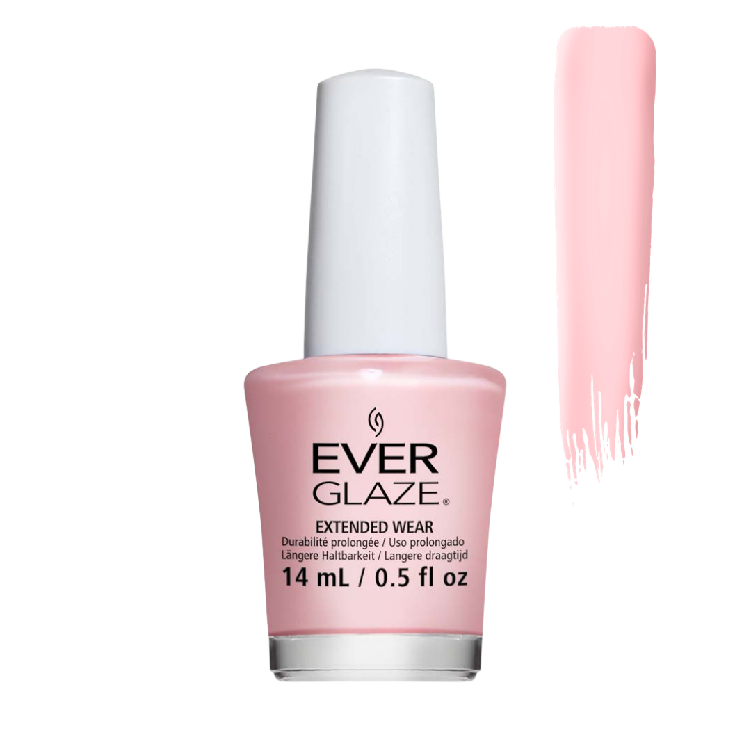 Ever Glaze nail polish bottle in a soft light pink shade, shown with a white cap and a vertical swatch of the pink polish on a white background.