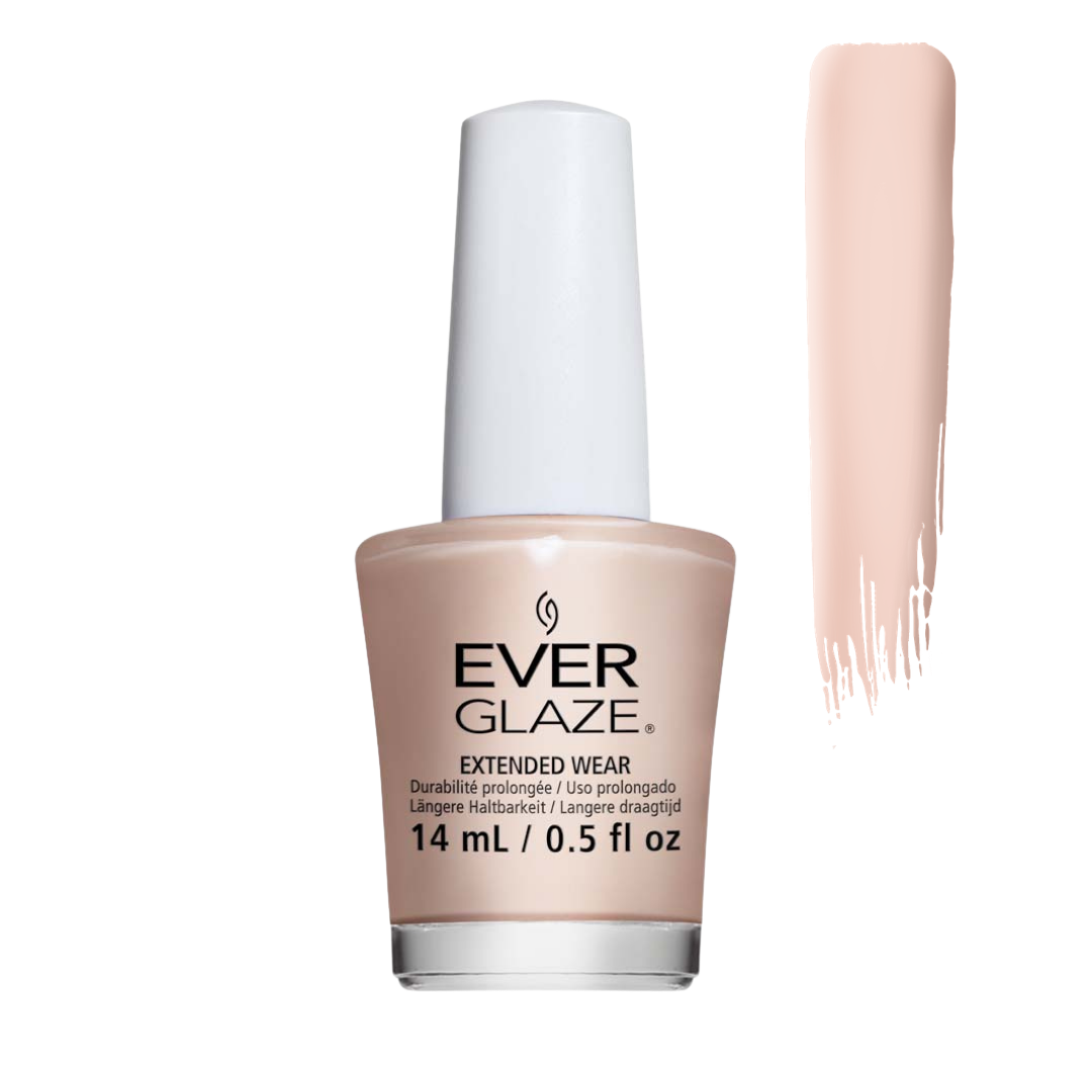 Ever Glaze Extended Wear nail polish in a light peach-beige shade, shown in a 14 mL bottle with a white cap next to a vertical swatch of the polish color on a white background.