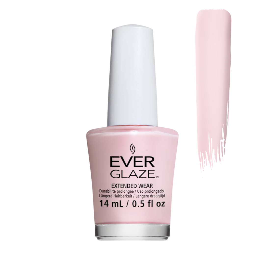 Ever Glaze Extended Wear nail polish in a light pink shade, shown in a 14 mL bottle with a white cap next to a vertical swatch of the pink polish on a white background.