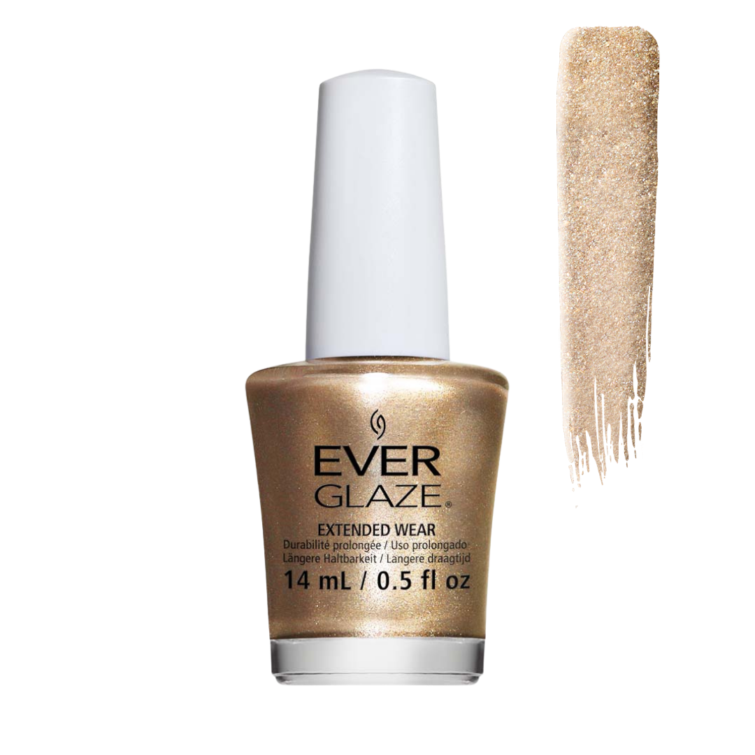 Ever Glaze nail polish bottle in a shimmery champagne gold shade, shown with a vertical swatch of the glittery finish on a white background.
